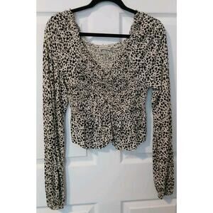 Animal Print Long Sleeve Shirt Smocked Peplum Leopard Print Large Boho